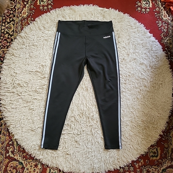Women's Adidas 3 Stripe Side Black & Light Pastel Baby Blue Yoga Leggings - XL - Picture 1 of 11